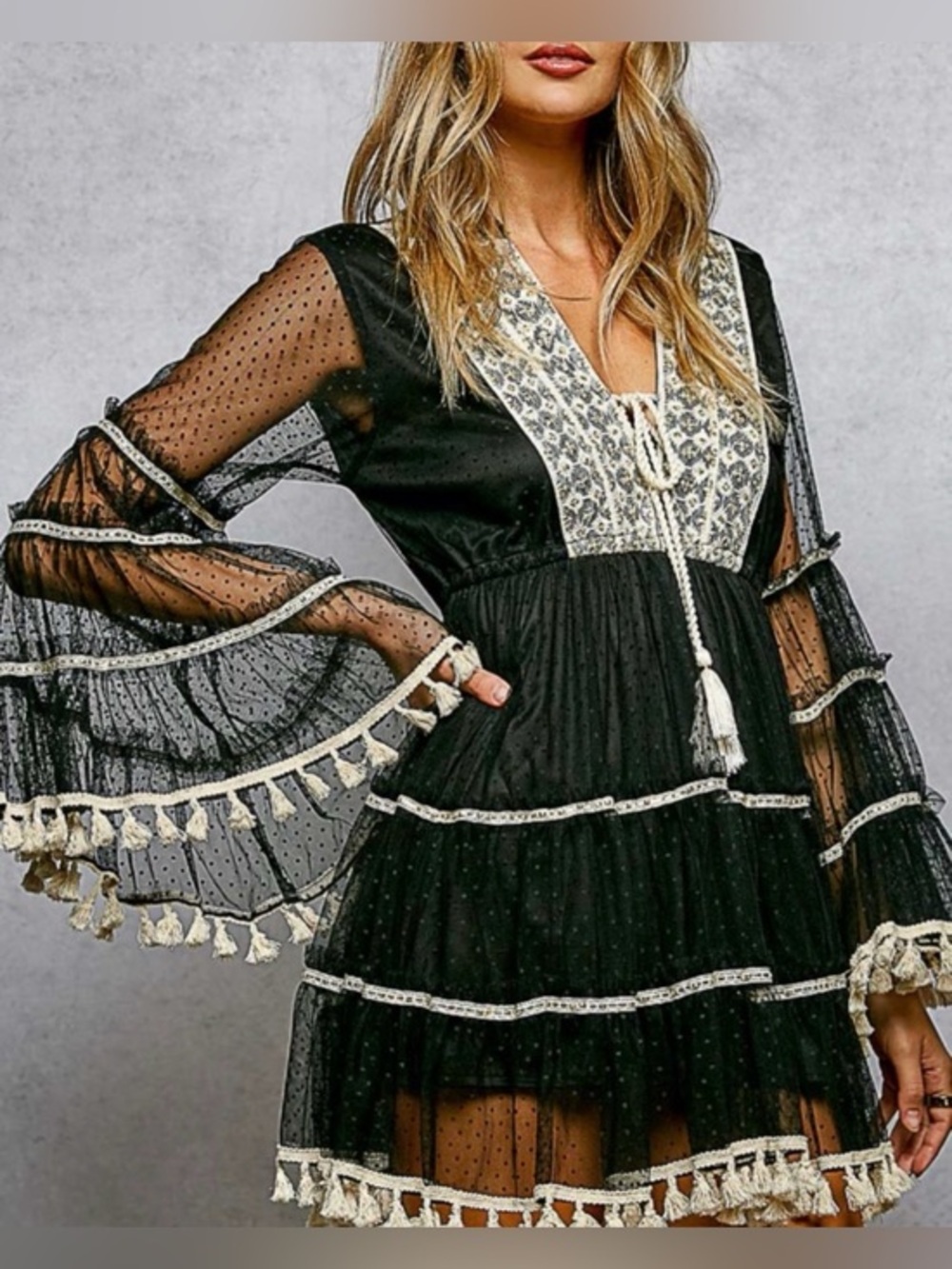POL Black Sheer lace Swiss Dot Sequined Tassel Boho Tunic Dress Size M